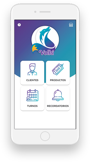 ilustración de la pantalla de inicio de la aplicación de Volki en un teléfono celular, donde se visualizan los accesos a clientes, productos, turnos y recordatorios